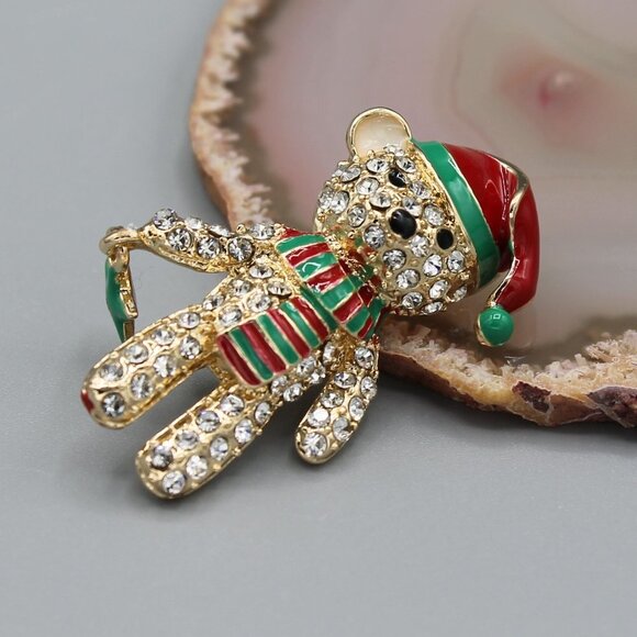 Jewelry pin brooch Holidays Christmas bear Santa yellow gold tone sparkly cute - Picture 2 of 13